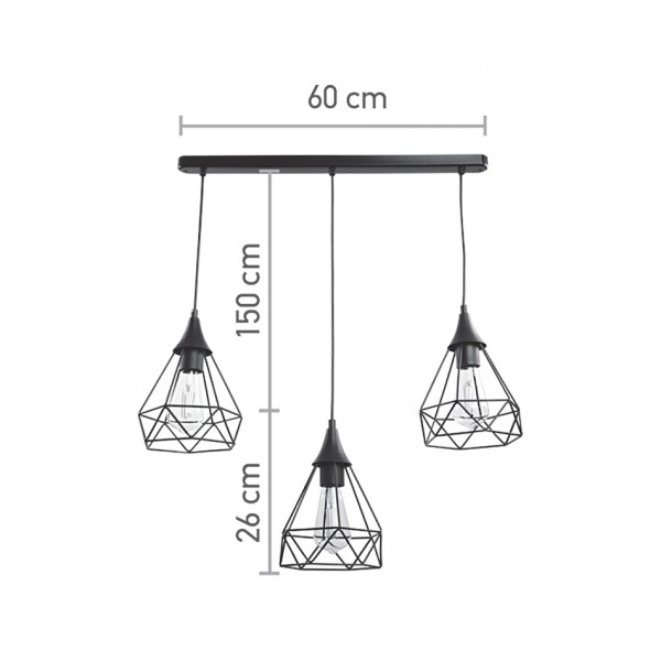 InLight Κρεμαστό φωτιστικό από μαύρο μέταλλο 3XE27 D:60cm (4024-3-BL-RAIL)