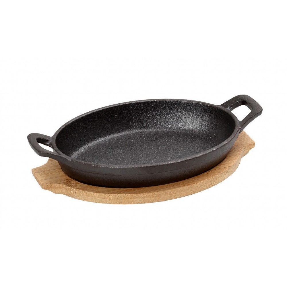 ΣΑΓΑΝΑΚΙ ΟΒΑΛ CAST-IRON ΜΑΥΡΟ 18(22 INCL. HANDLES)X13X5CM  330ML ΜΕ ΒΑΣΗ BAMBOO